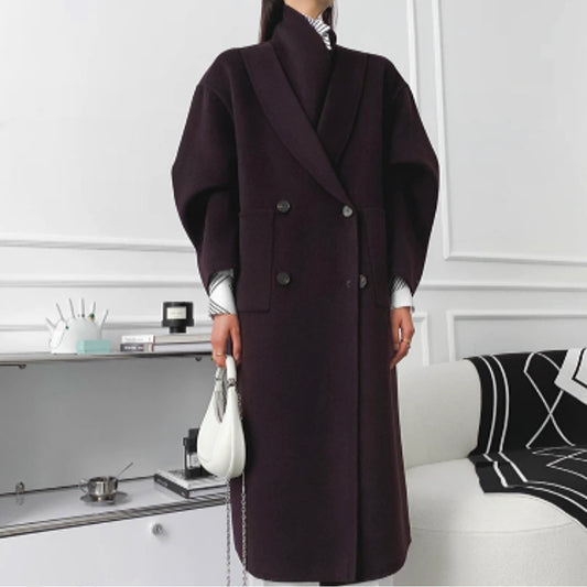 DOUBLE COLLARD AUBERGINE WOOL COAT